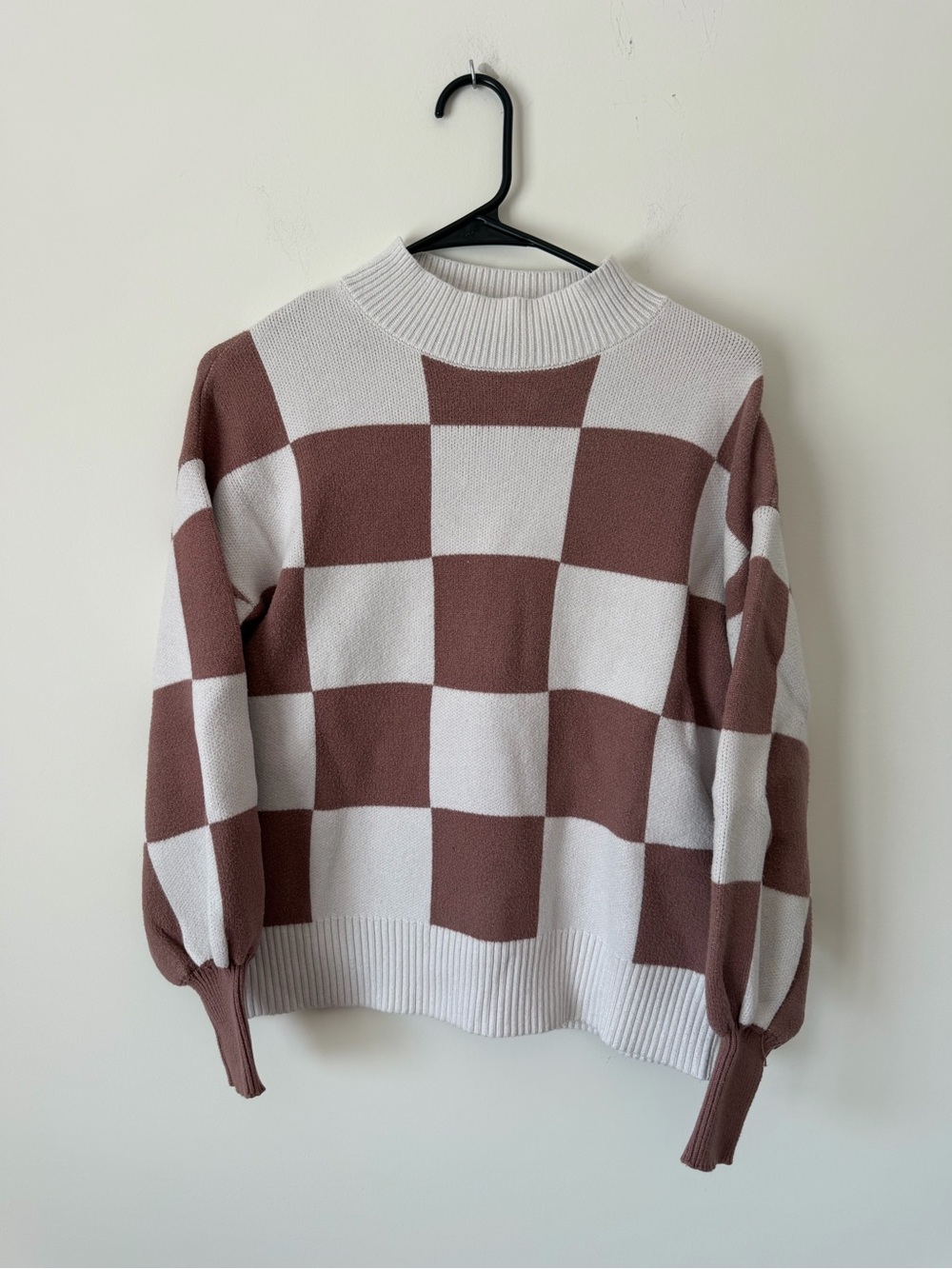 Checkerboard Crewneck Sweater in Cream and Brown